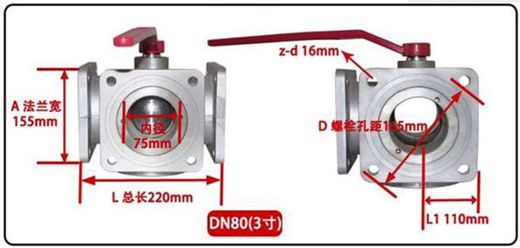 灑水車四位三通球閥尺寸 灑水車四位三通球閥尺寸